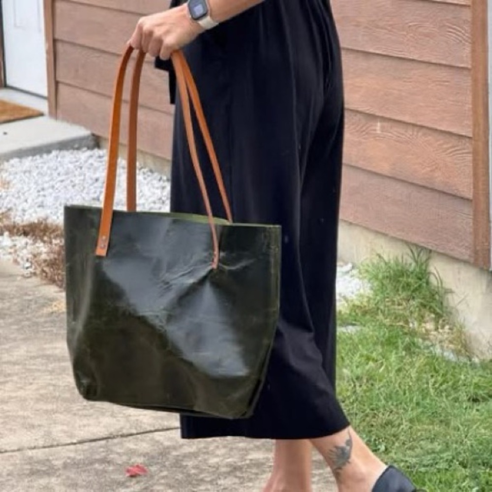 Olive Green Tote with Tan Leather Handles
